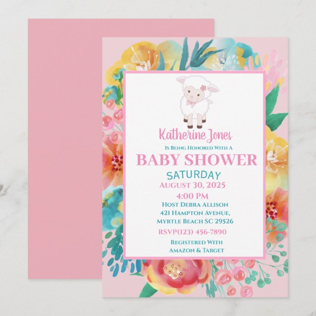 Cute Lamb Pink Floral Baby Shower Invitation (Front/Back)