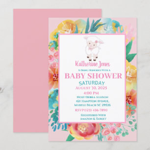 Cute Lamb Pink Floral Baby Shower Invitation