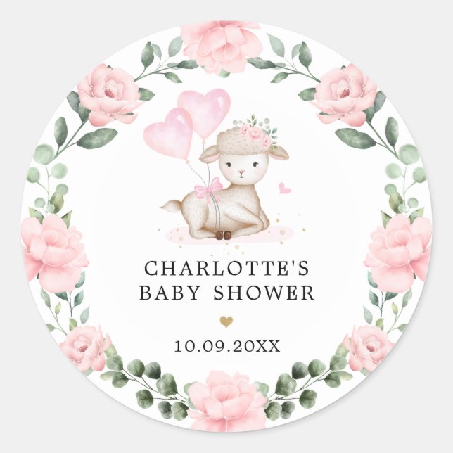 Cute Lamb Pink Floral Wreath Baby First Christmas  Classic Round Sticker (Front)