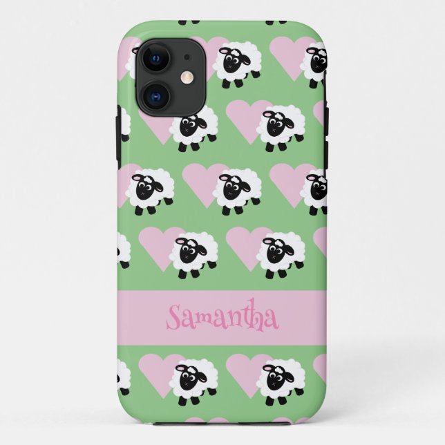 Cute Lamb Pink Heart Pattern Green Case-Mate iPhone Case (Back)