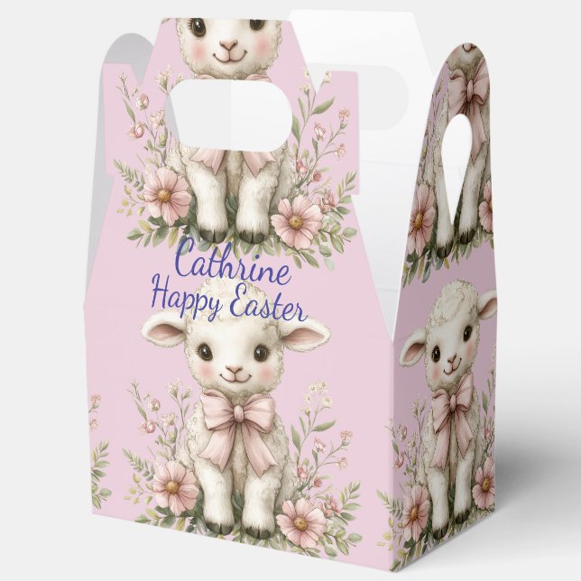 Cute Lamb Pink Ribbon Spring Flowers Favour Box (Open)
