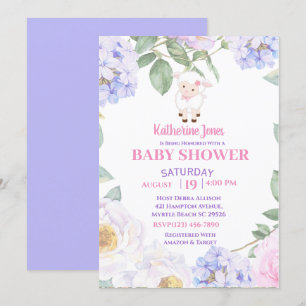 Cute Lamb Purple Floral Baby Shower Invitation