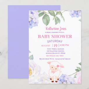 Cute Lamb Purple Floral Baby Shower Invitation