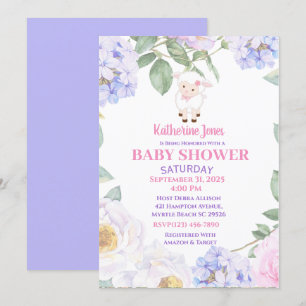 Cute Lamb Purple Floral Baby Shower Invitation