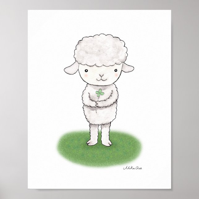 Cute Lamb Sheep Poster Lucky Shamrock Nursery Art (Front)