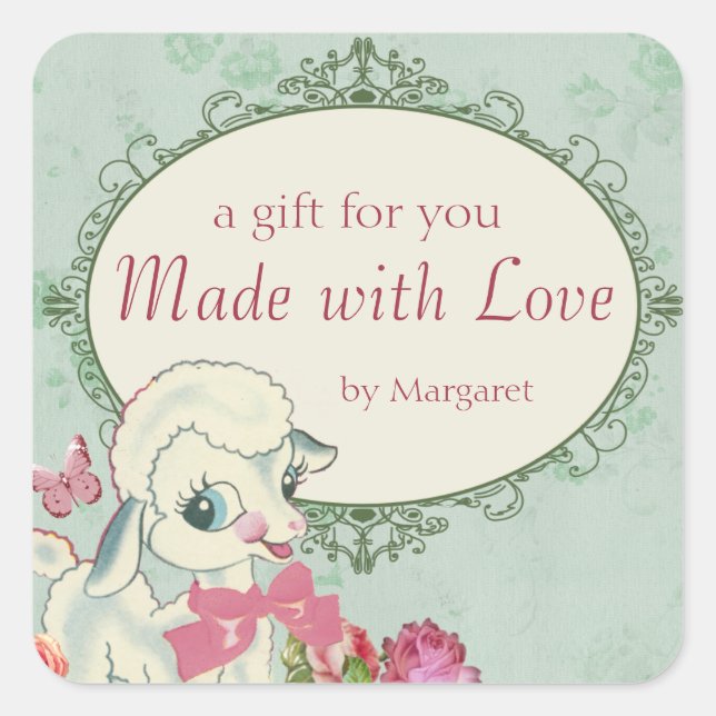 cute lamb sheep wool knitting crochet baby sewing square sticker (Front)