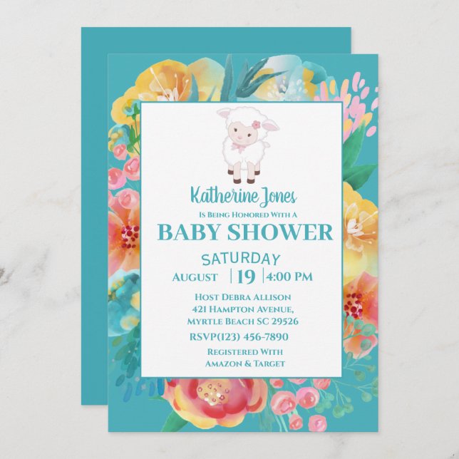 Cute Lamb Teal Blue Floral Baby Shower Invitation (Front/Back)