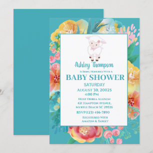 Cute Lamb Teal Blue Floral Baby Shower Invitation