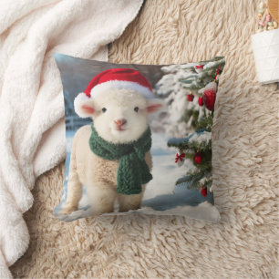 Cute lamb with a scarf and a Santa hat Cushion