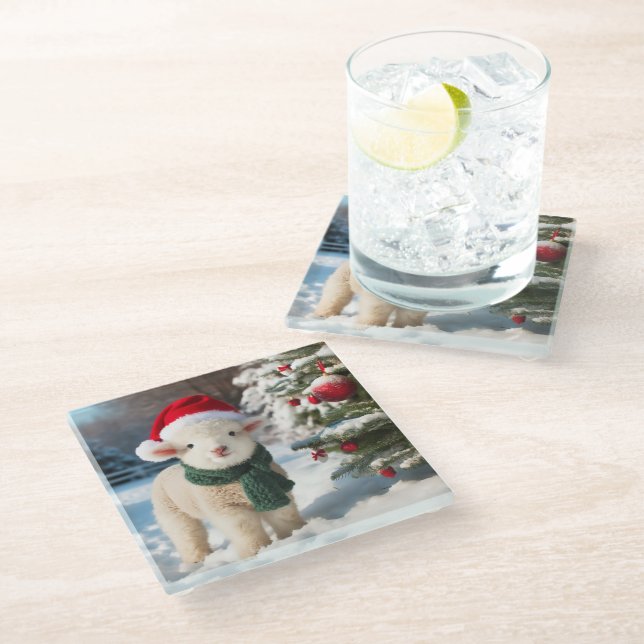 Cute lamb with a scarf and a Santa hat Glass Coaster (Angled)