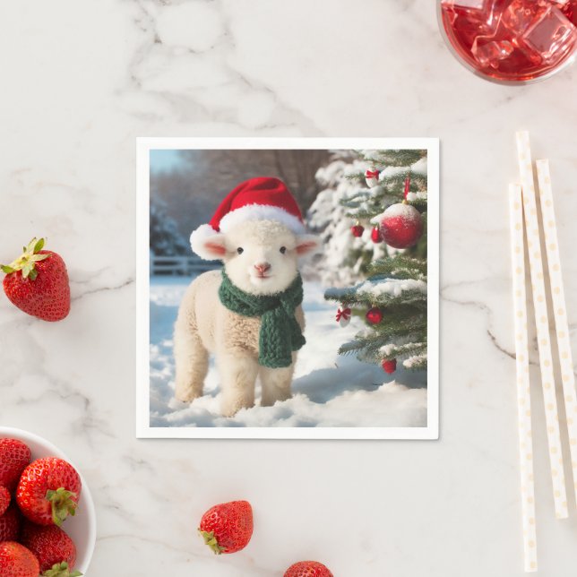 Cute lamb with a scarf and a Santa hat Napkin (Insitu)