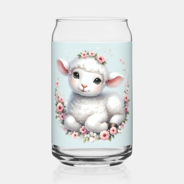Cute Lamb with Floral Crown Illustration Can Glass (Front)