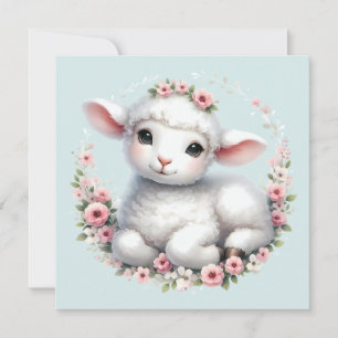 Cute Lamb with Floral Crown Illustration Card