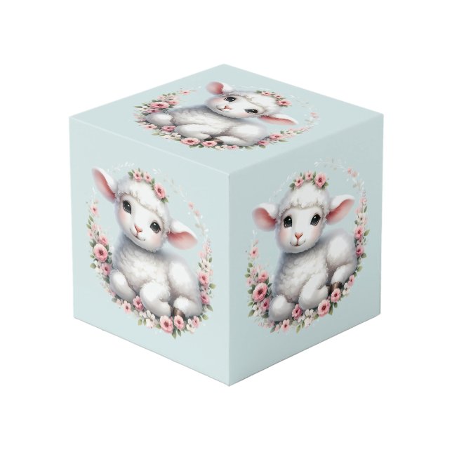 Cute Lamb with Floral Crown Illustration Cube (Front Angled)