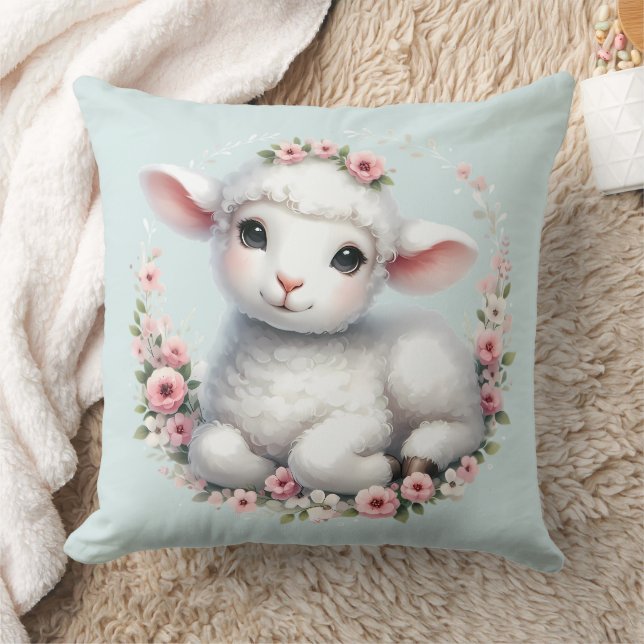 Cute Lamb with Floral Crown Illustration Cushion (Blanket)