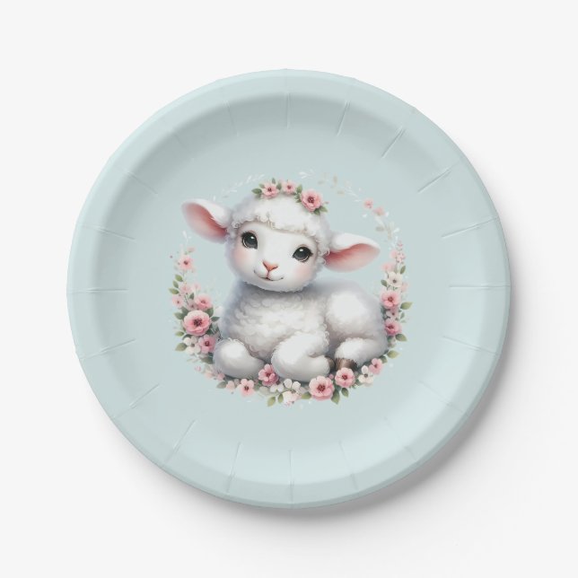 Cute Lamb with Floral Crown Illustration Paper Plate (Front)