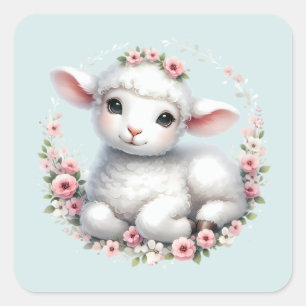 Cute Lamb with Floral Crown Illustration Square Sticker