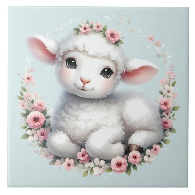Cute Lamb with Floral Crown Illustration Tile (Front)