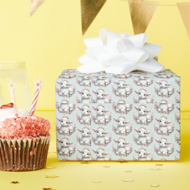 Cute Lamb with Floral Crown Illustration Wrapping Paper (Birthday Party)