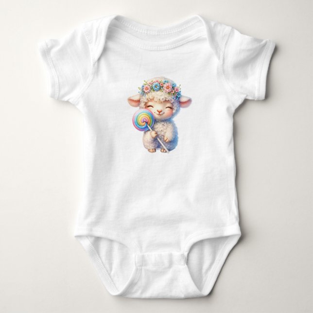 Cute Lamb with Lollipop - Whimsical Nursery Baby Bodysuit (Front)