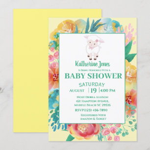 Cute Lamb Yellow Green Floral Baby Shower   Invitation