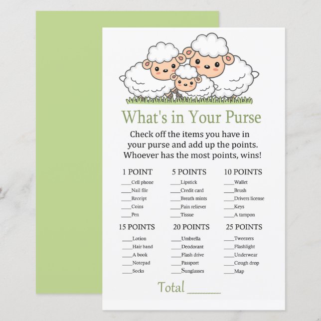 Cute lambs What's in your purse game (Front/Back)