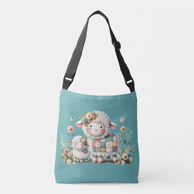 Cute Lambs with Floral and Patchwork Accents Crossbody Bag (Front)