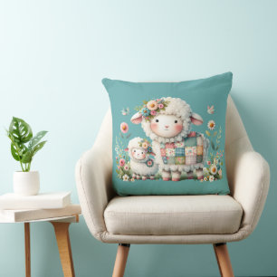 Cute Lambs with Floral and Patchwork Accents Cushion