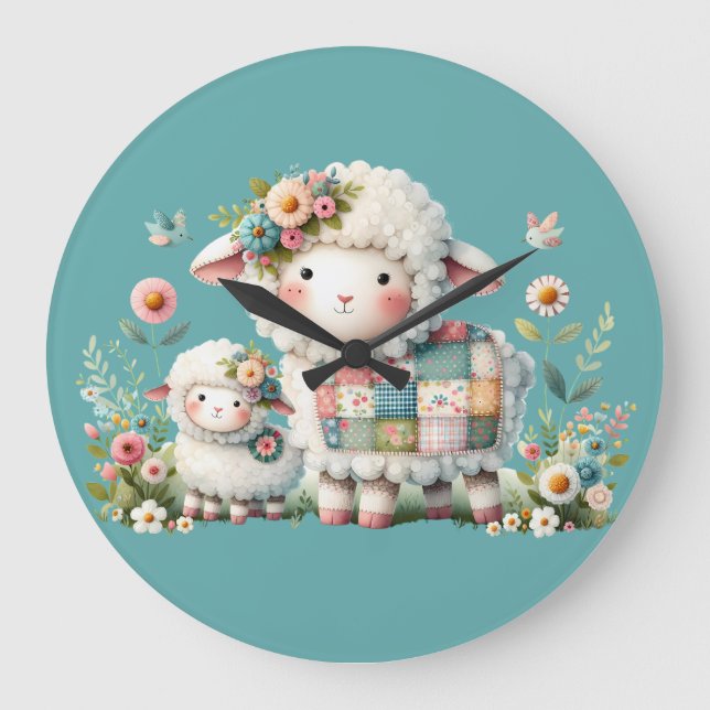 Cute Lambs with Floral and Patchwork Accents Large Clock (Front)