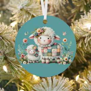 Cute Lambs with Floral and Patchwork Accents Metal Tree Decoration