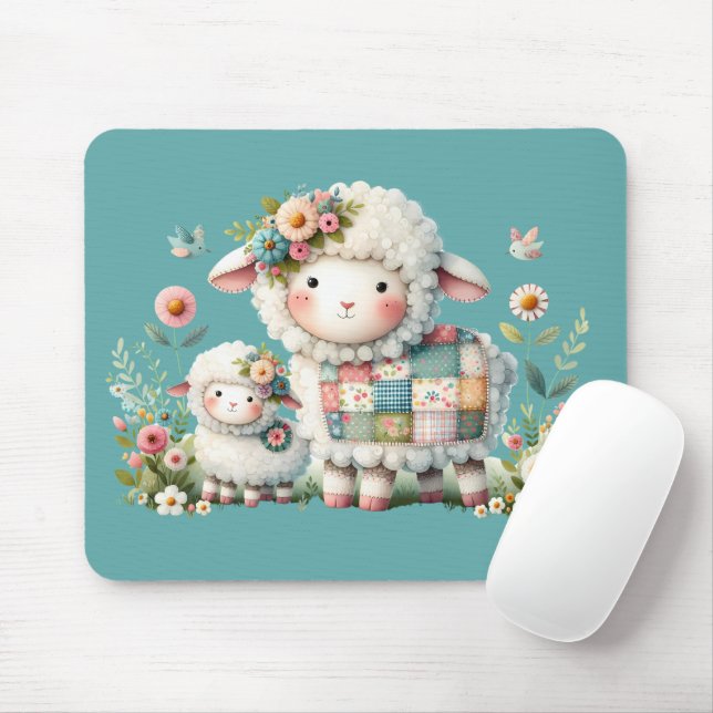 Cute Lambs with Floral and Patchwork Accents Mouse Mat (With Mouse)