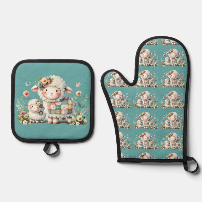 Cute Lambs with Floral and Patchwork Accents Oven Mitt & Pot Holder Set (Front)