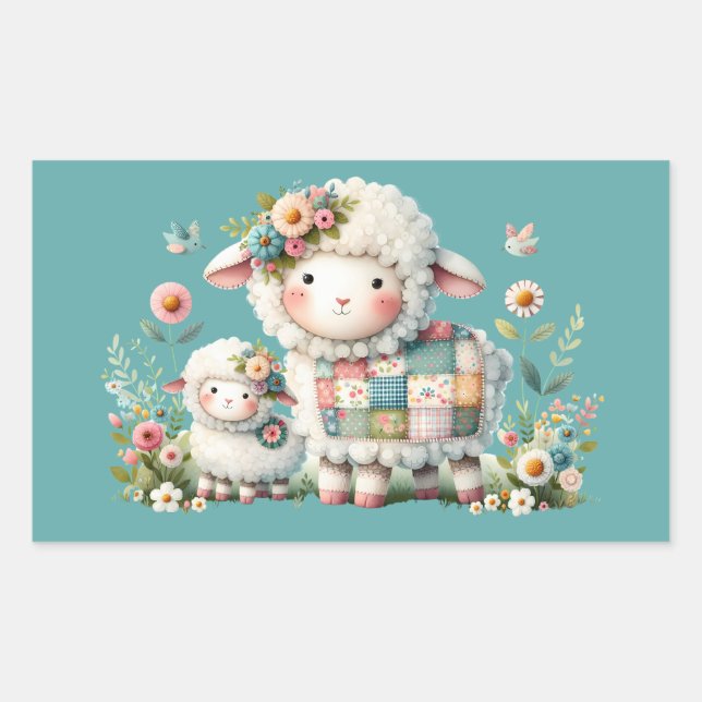 Cute Lambs with Floral and Patchwork Accents Rectangular Sticker (Front)