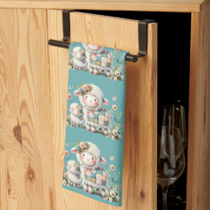 Cute Lambs with Floral and Patchwork Accents Tea Towel