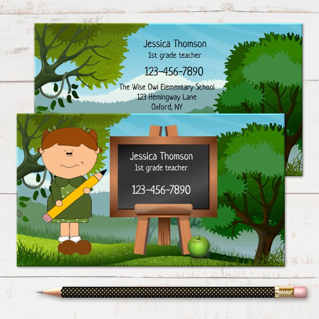 Cute Landscape Chalkboard Teacher Business Card (A cute whimsical business card for a teacher in cartoon style in green nature with an apple)