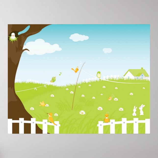 Cute Landscape With Singing Birds And Trees Poster (Front)