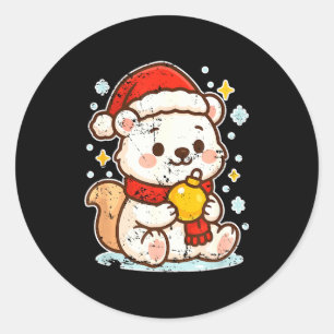 Cute Lar Bear Winter With Santa Hat Classic Round Sticker
