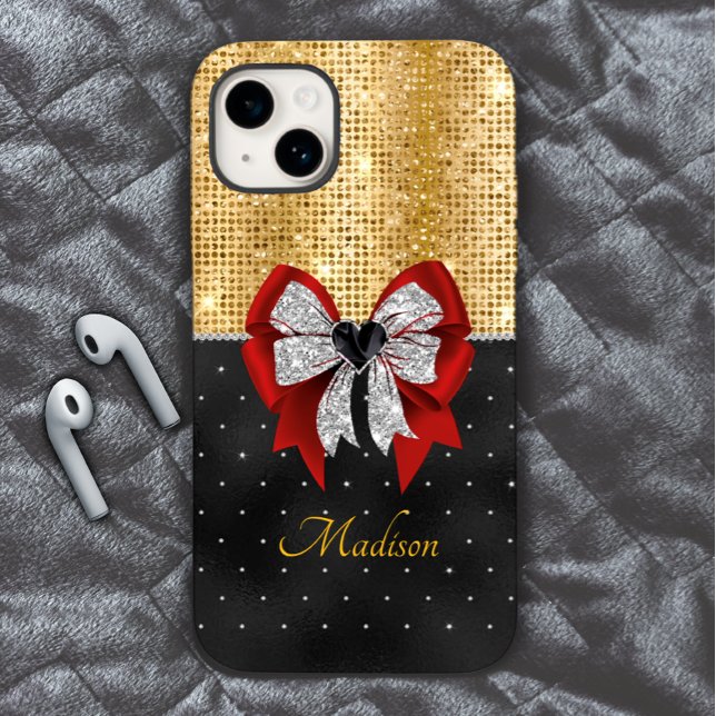 Cute large red glittery silver bow tie monogram Case-Mate iPhone case (Creator Uploaded)