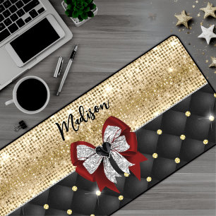 Cute large red glittery silver bow tie monogram desk mat