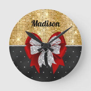 Cute large red glittery silver bow tie monogram round clock
