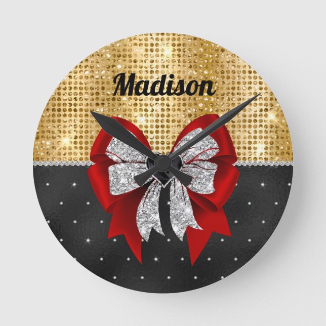 Cute large red glittery silver bow tie monogram round clock (Front)