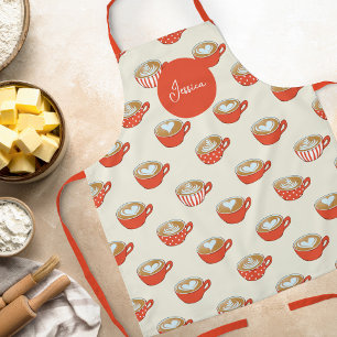 Cute Latte Art in Red Coffee Mugs Pattern Apron