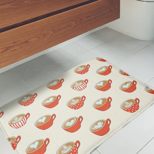 Cute Latte Art in Red Coffee Mugs Pattern Bath Mat (Red Latte Art Coffee Bath Mat)