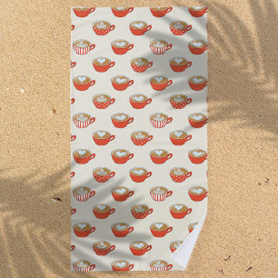 Cute Latte Art in Red Coffee Mugs Pattern Beach Towel