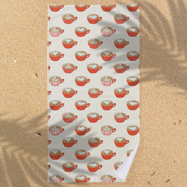 Cute Latte Art in Red Coffee Mugs Pattern Beach Towel (Red Latte Art Pattern Beach Towel)