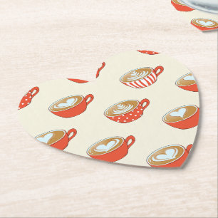 Cute Latte Art in Red Coffee Mugs Pattern Paper Coaster