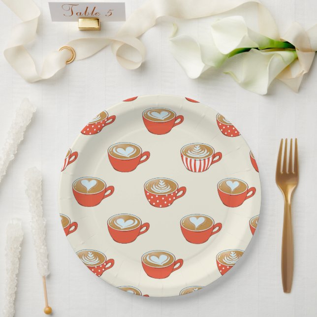Cute Latte Art in Red Coffee Mugs Pattern Paper Plate (Wedding)