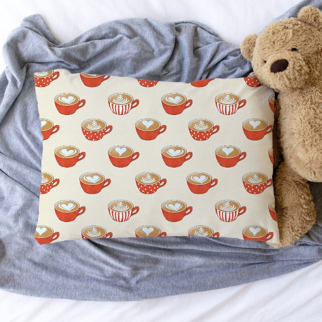 Cute Latte Art in Red Coffee Mugs Pattern Pillowcase (Red Mug Latte Art Pillowcase)