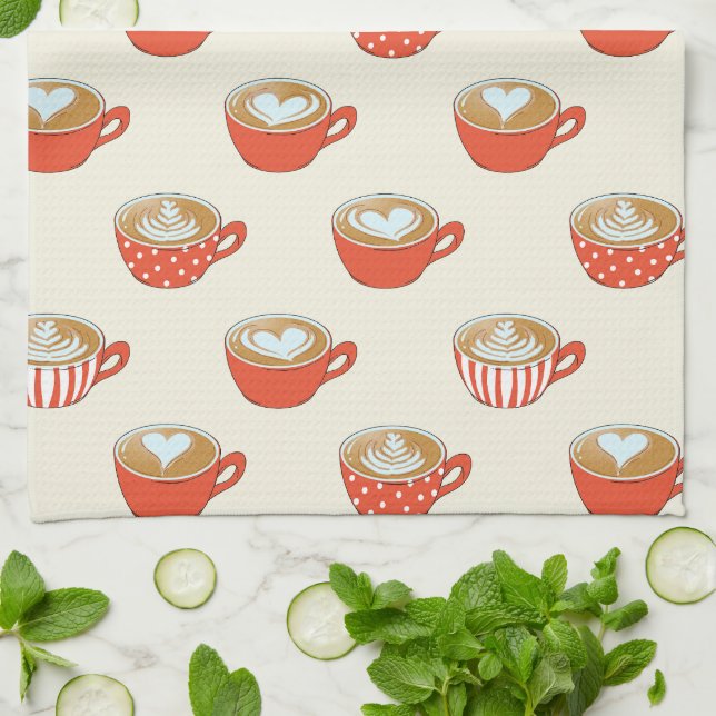 Cute Latte Art in Red Coffee Mugs Pattern Tea Towel (Folded)