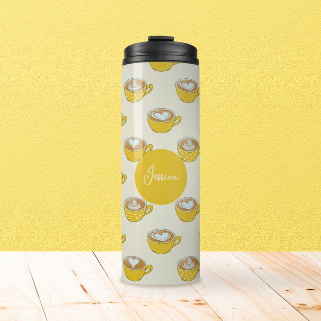 Cute Latte Art in Yellow Coffee Mugs Pattern (Yellow Latte Art with Custom Name Thermal Tumbler)